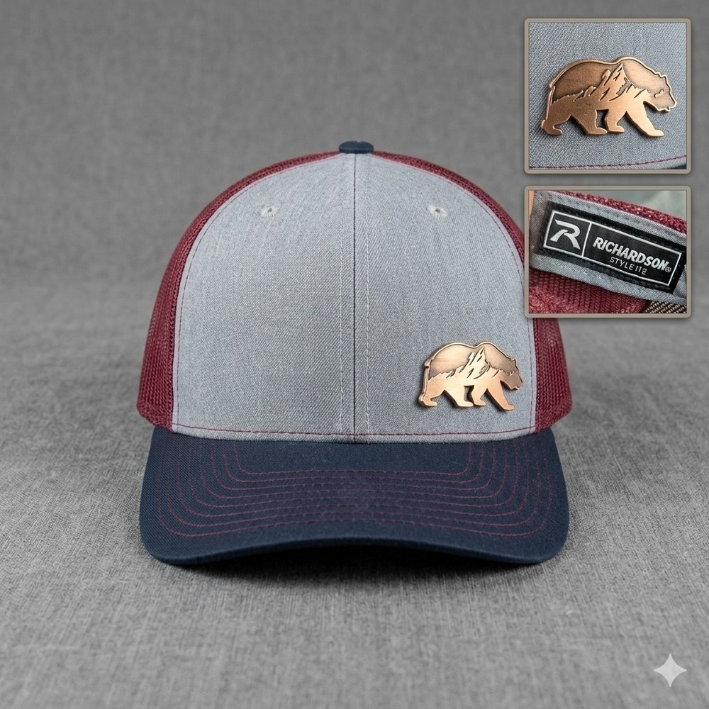 Richardson Trucker‎ Hat Metal Grizzly Bear Patch Maroon Gray Snapback California